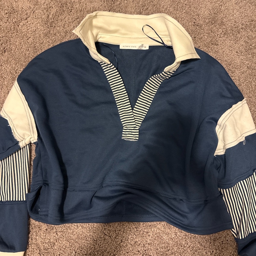Altar’d State Navy & Cream Rugby Pullover Sweatshirt | XS